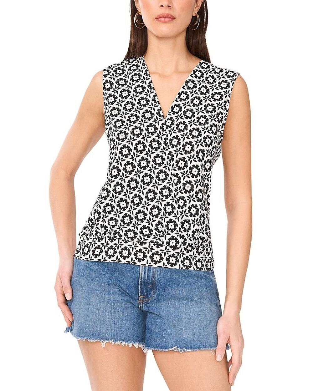 Vince Camuto Women's Printed Faux-Wrap Sleeveless Top Multi Size S 4006